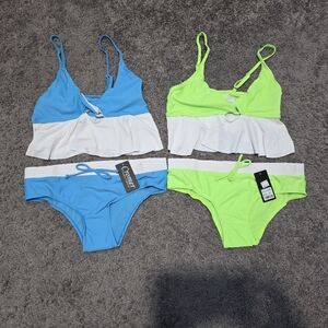 NWT CROMER Blue White and Neon Green White  Bikini Set